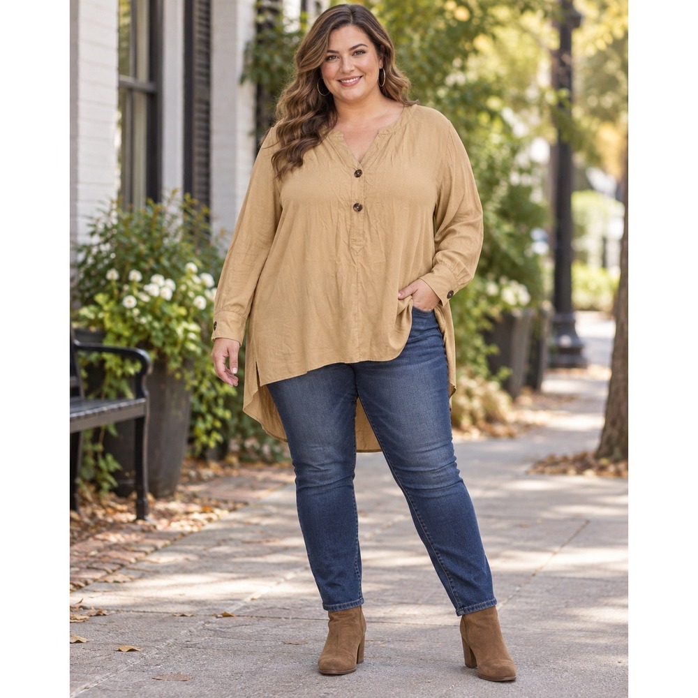 Roaman's 22W Tan High Low Tunic Blouse Plus Size 100% Rayon Button Front